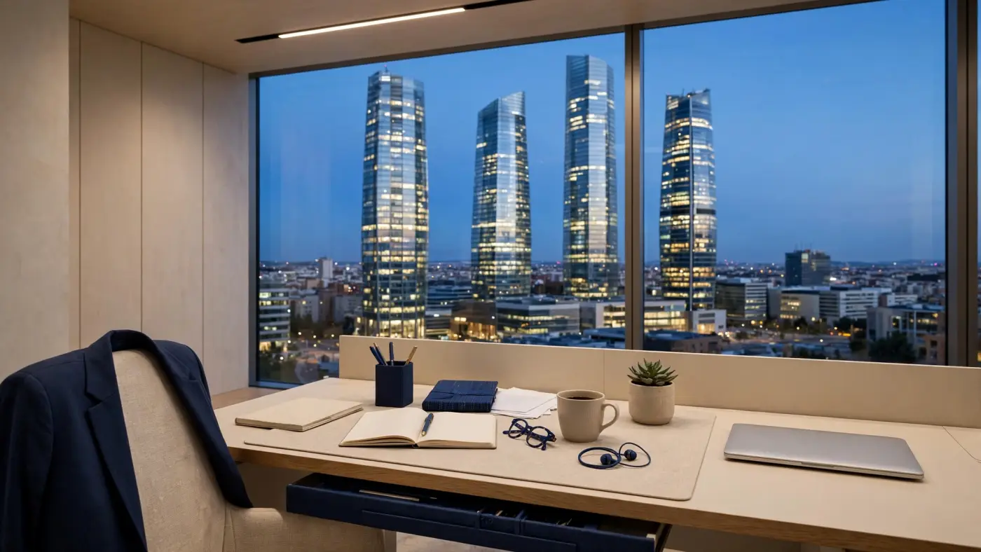 Distrito financiero moderno de Madrid con rascacielos al atardecer