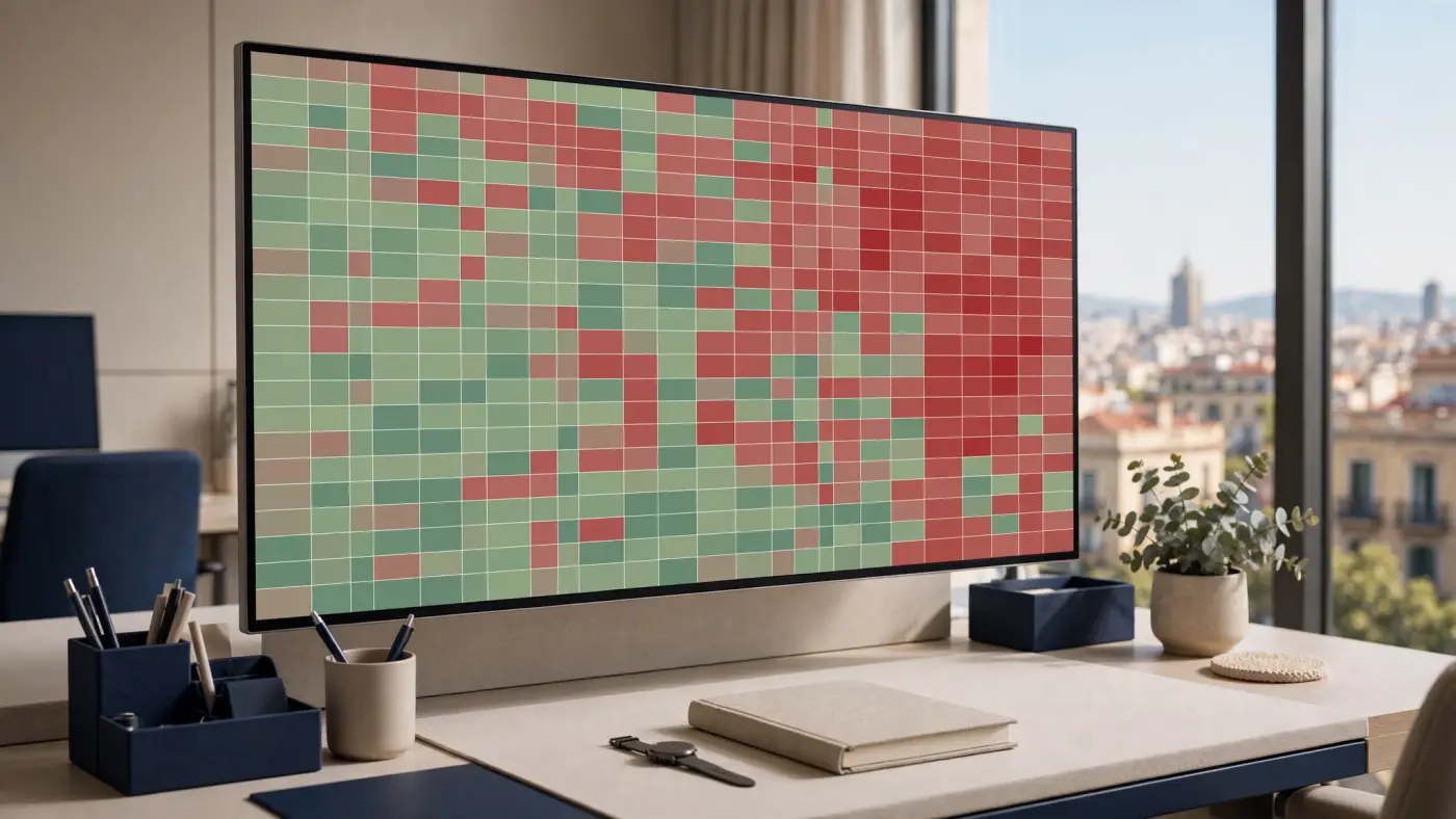 Mapa de calor de mercado en una pantalla grande con tonos rojos y verdes suaves